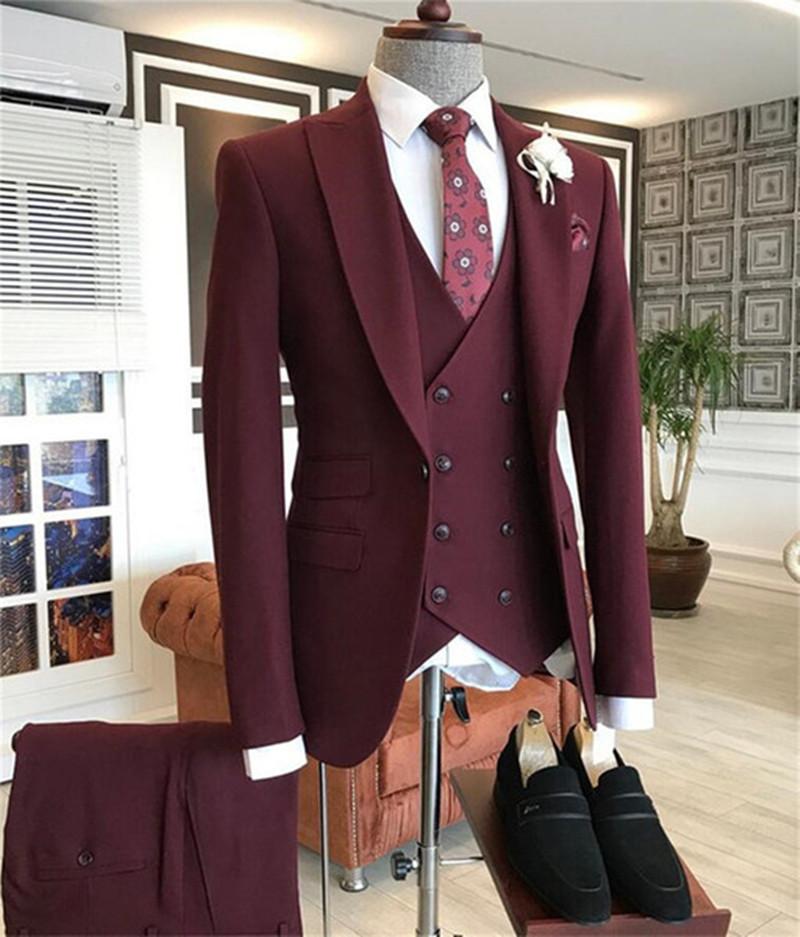Men Formal Wear For Wedding - 2021 Burgundy Double Breasted Vest Costume