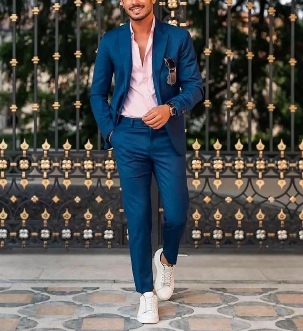 Blue/Green/Champagne Notch Lap - Men Formal Party Wear Outfit reseña y precio