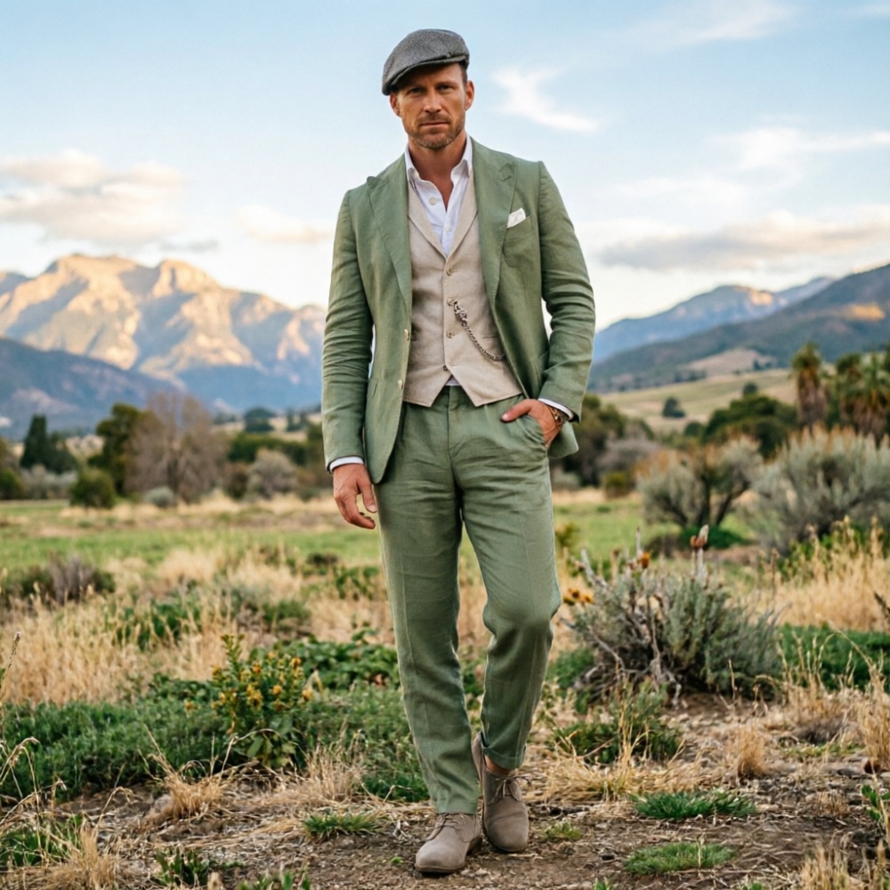Sage Green Linen Men 3 Piece S - Men Formal Party Wear Outfit reseña y precio