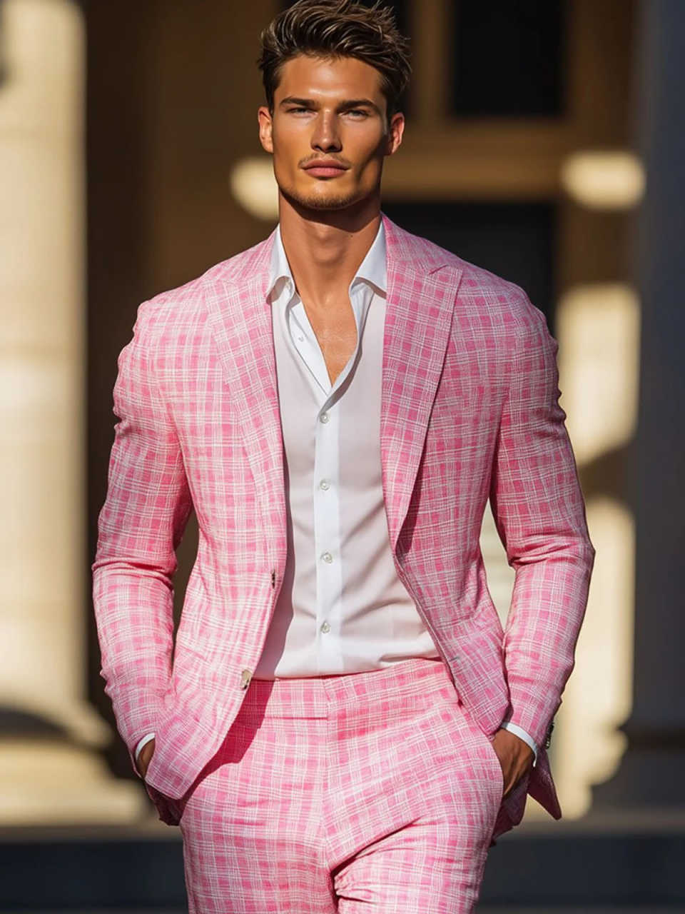 Summer Pink Plaid Mens Tuxedos - Men Formal Party Wear Outfit reseña y precio