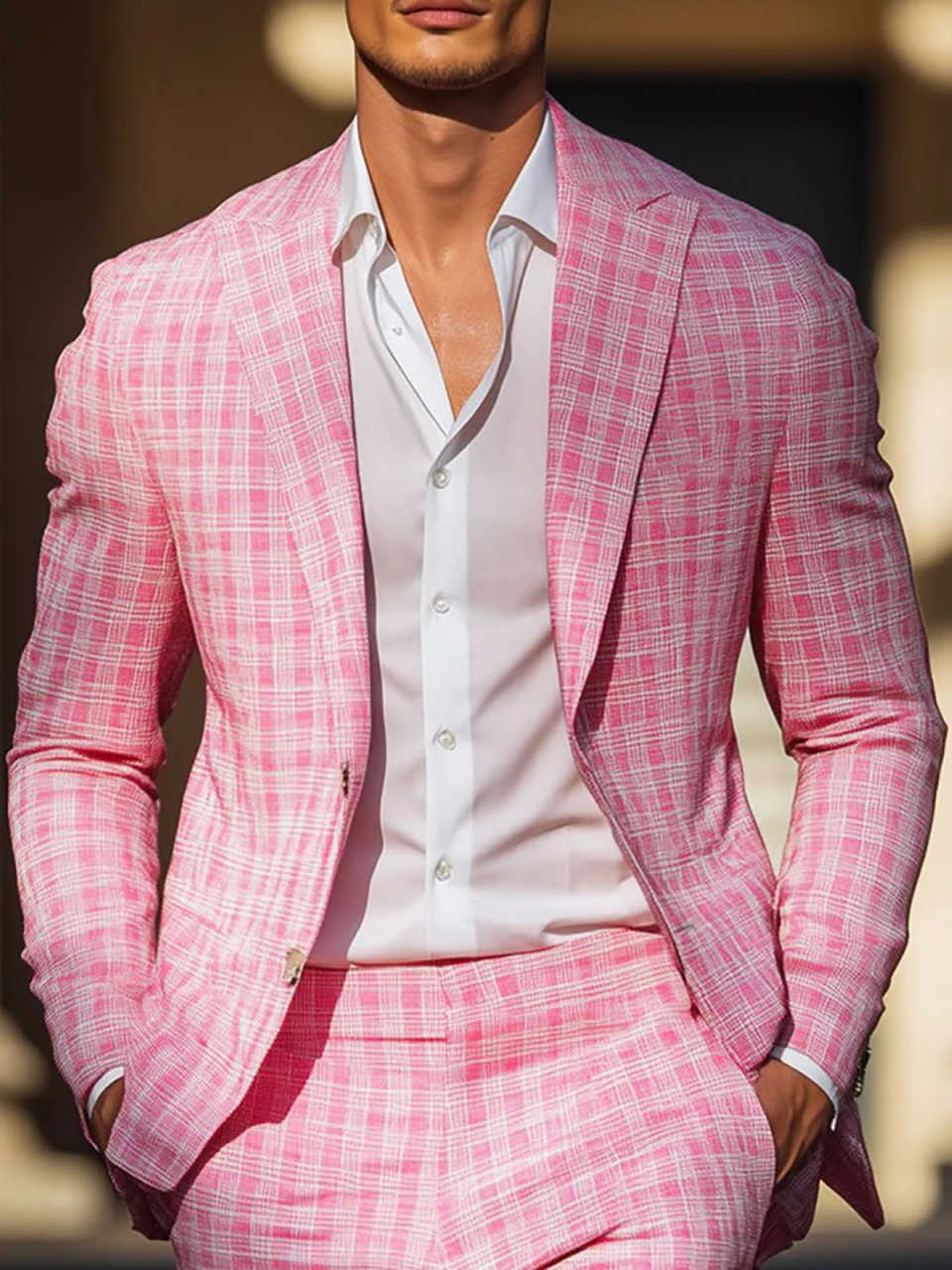 Summer Pink Plaid Mens Tuxedos - Men Formal Party Wear Outfit reseña y precio